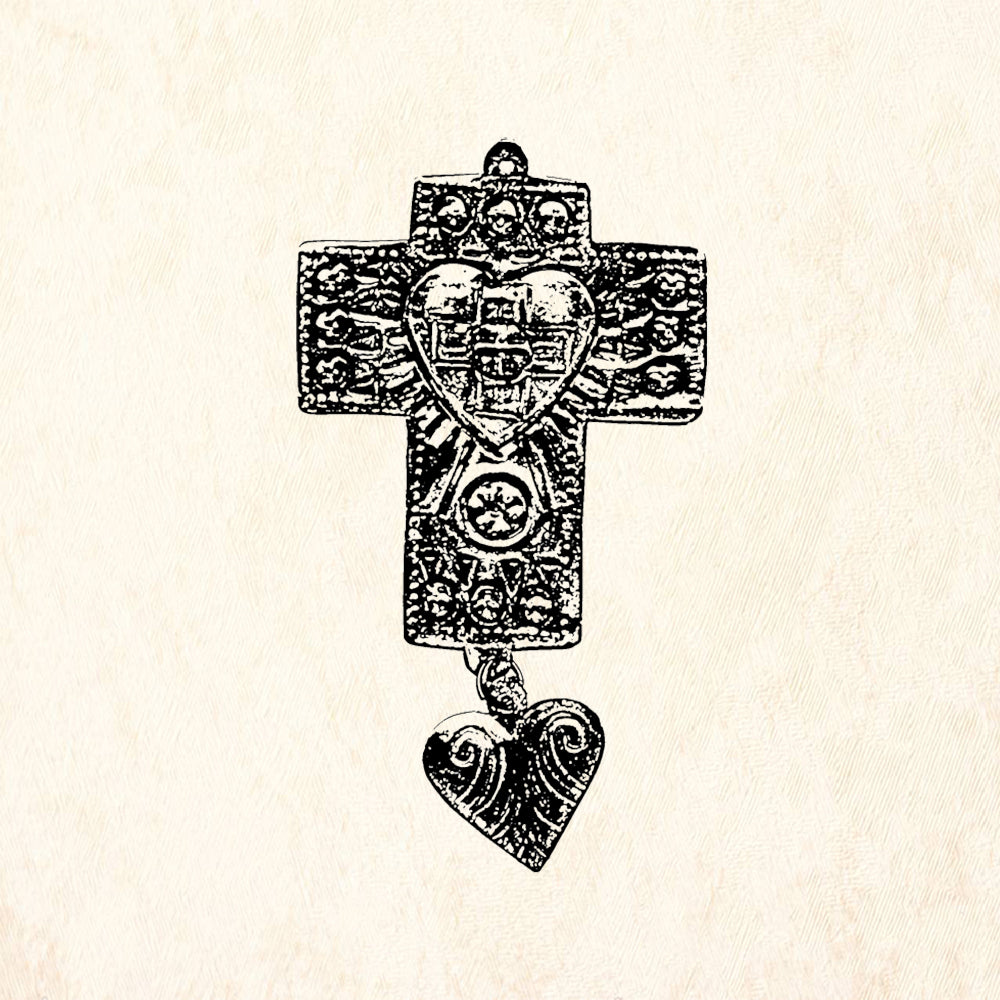 StampaFe Cross w Dangle Heart Folk Art Rubber Art Stamp