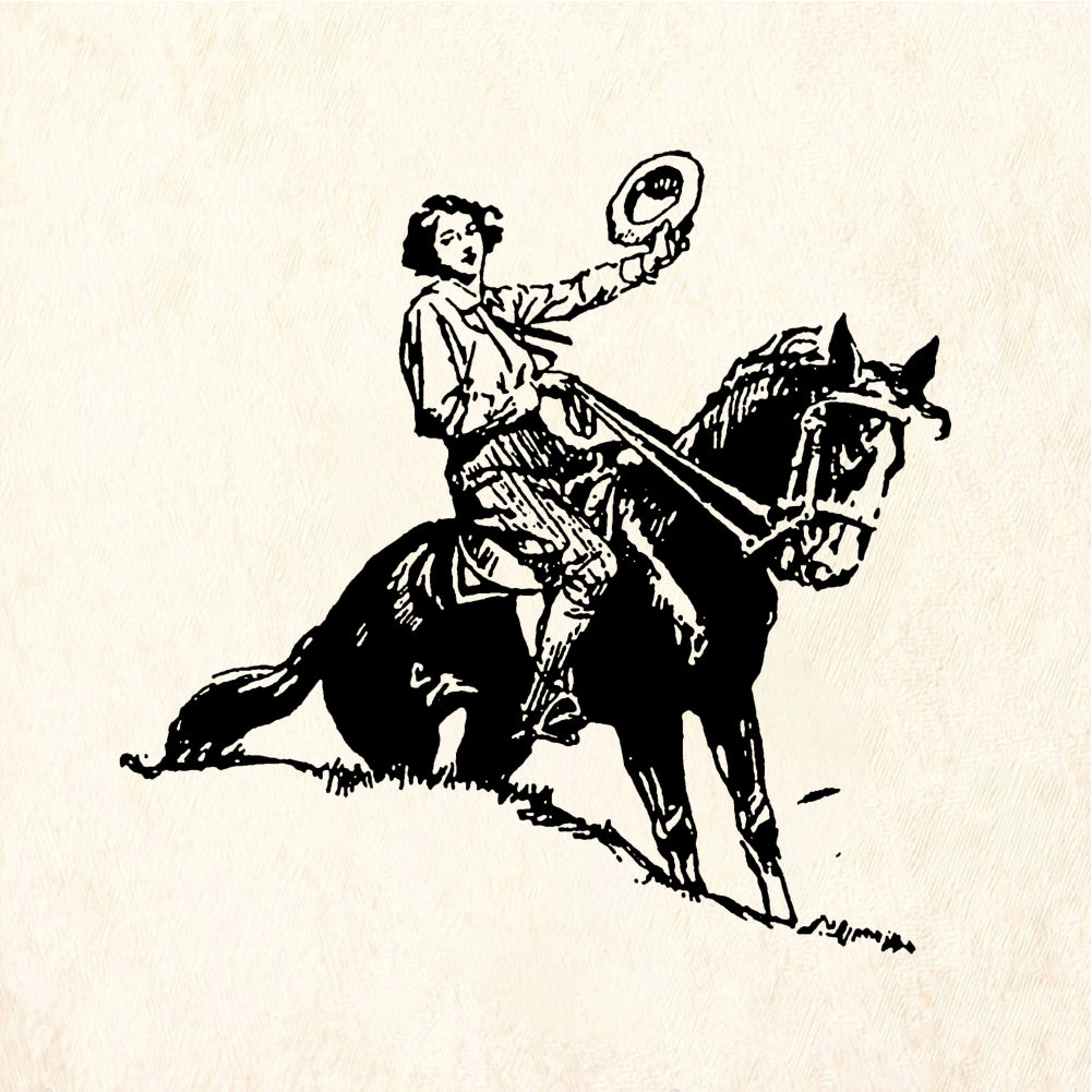 StampaFe Cowgirl Waving on Horseback Western Rubber Art Stamp
