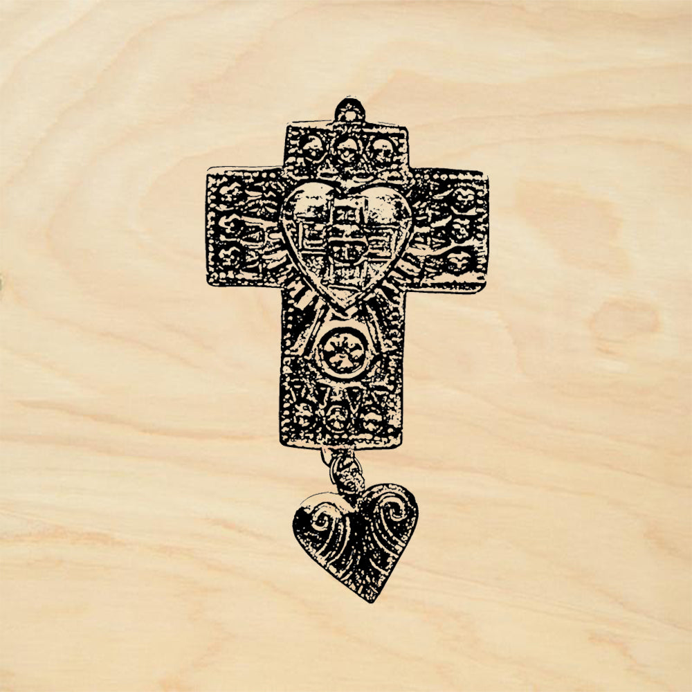 StampaFe Cross w Dangle Heart Folk Art Rubber Art Stamp